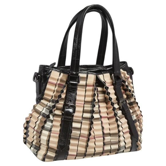 Burberry Black/Beige House Check PVC and Patent Leather Lowry Ruffled Tote - Picture 3 of 4